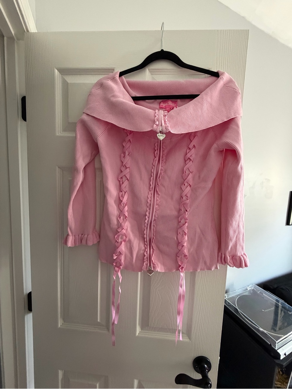 NWT Sugar Thrillz Pastel Off-Shoulder Ribbon-Trim Sweater